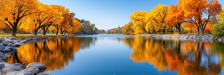 Vibrant golden trees reflecting in calm river during autumn