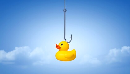 Yellow rubber duck on a fishing hook against a clear blue sky