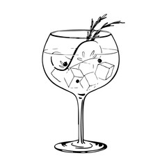 Hand drawn vector illustration of a gin and tonic cocktail in a balloon glass with ice cubes citrus peel juniper berries and rosemary garnish elegant black and white line art on white background