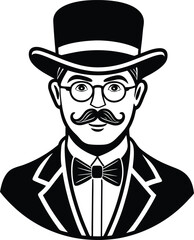 Vector art of a distinguished gentleman in a top hat, glasses, and bow tie
