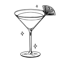 Hand Drawn Martini Glass with Lemon Slice Black and White Line Art Illustration of Classic Cocktail Drinkware for Bar Menu Mixology Party and Elegant Vintage Beverage Design