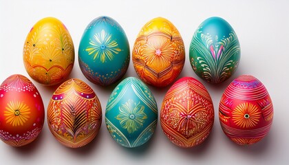 a template of seven painted easter eggs celebrating a happy easter on a white background