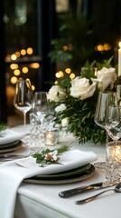 Fototapeta premium Elegant Dining Setup With White Roses and Candles in a Lush Garden Setting During Evening.