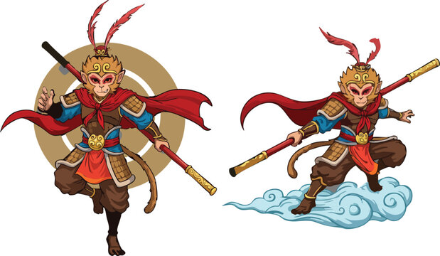 Sun Wukong Monkey King Chinese Mythology Vector Illustration Set