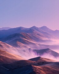 Layers of mountains shrouded in fog under a purple and orange sky