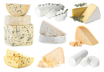 Different types of cheese isolated on white, set