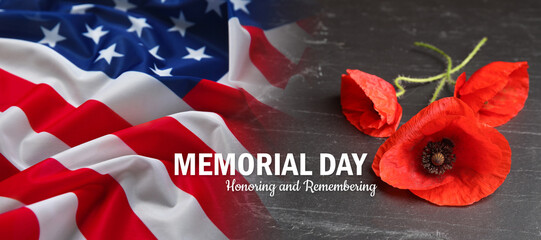 Memorial day poster. American flag and red poppies on grey background, double exposure. Banner...