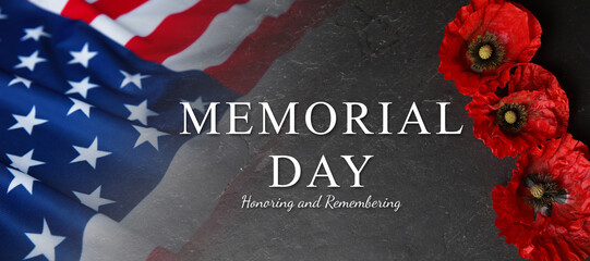 Memorial day poster. American flag and red poppies on grey background, double exposure