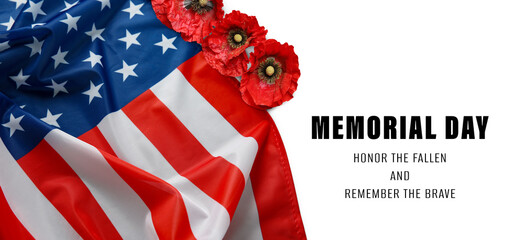 Memorial day poster. American flag and red poppies on white background, banner design