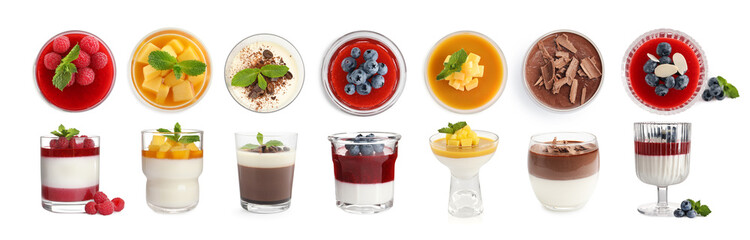 Sweet panna cotta desserts isolated on white, set. Top and side view