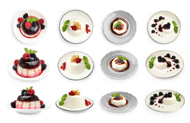 Sweet panna cotta desserts isolated on white, set. Top and side view