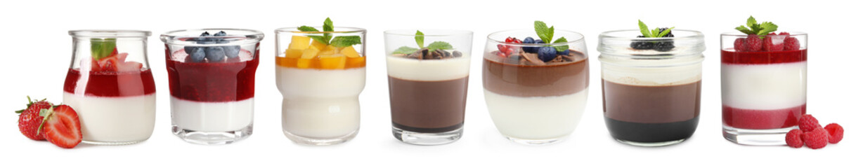 Sweet panna cotta desserts isolated on white, set