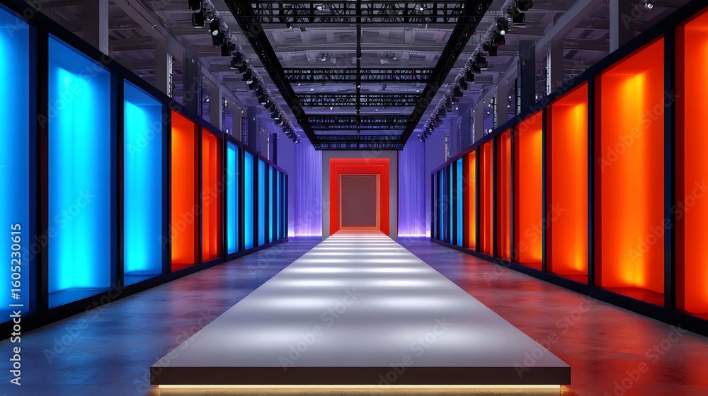 Poster empty fashion runway illuminated with colorful panels creating a vibrant atmosphere