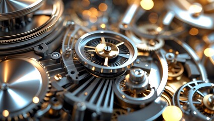 Intricate steampunk clockwork mechanism with polished metal gears and glowing lights