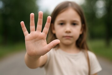 Young girl showing open palm for a simple gesture on an outdoor pathway. concept of communication, childhood innocence, nonverbal expression.