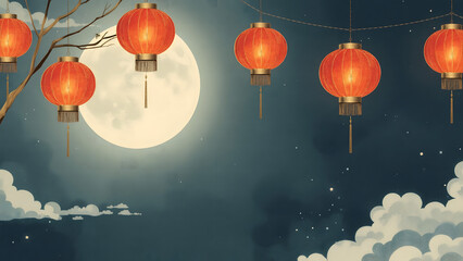 Obraz premium Red Chinese lanterns hanging at night under full moon and cloudy sky