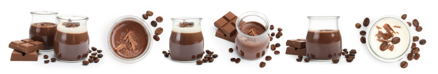 Sweet panna cotta desserts isolated on white, set