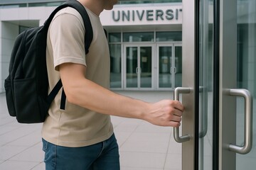 Young man, male student walking into university for first day of college semester. excited student beginning higher education journey. concept of education, new beginnings, college life