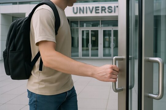 Young man, male student walking into university for first day of college semester. excited student beginning higher education journey. concept of education, new beginnings, college life