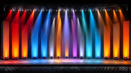 Colorful stage lights illuminating empty auditorium for music concert or show