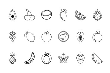Collection line art fruit icons on avocado cherry