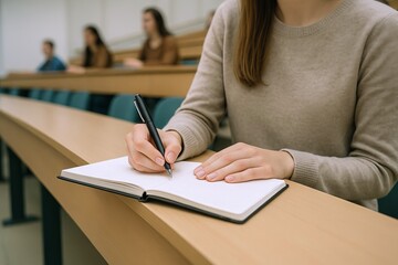 Woman taking notes in a notebook during a college lecture in classroom setting. concept of education, learning, academic study