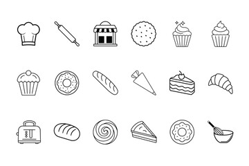 Collection line art icons for bakery pastry items vector