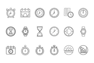 Collection outline icons representing time scheduling elements clock calendar