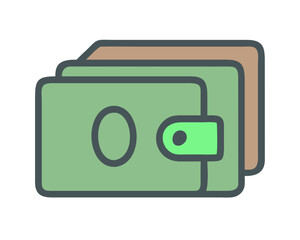 Clean flat vector icon of a wallet filled with cash for finance and payment concepts