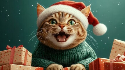 Christmas cat amidst presents with Santa hat, green sweater, and wildly exaggerated expressions
