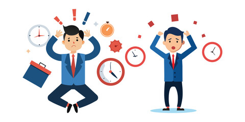 Stressed Businessman Under Pressure with Clock and Deadlines Vector Illustration – Time Management Crisis, Corporate Burnout, Office Stress Concept on White Background