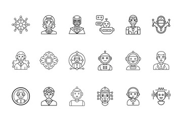 Collection stylized line art icons representing artificial intelligence robots agent