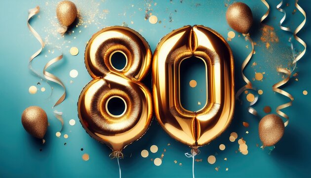 golden 80th birthday balloons with confetti and festive background