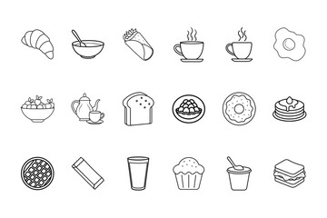Line art icons various breakfast food drink items croissant bowl