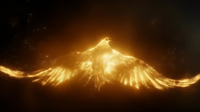 Glowing, fantastical bird figure with outspread wings and long, feathery tail on black