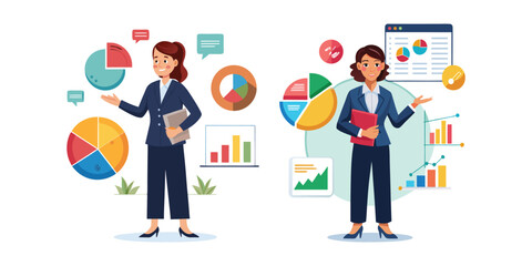Businesswoman analyzing and comparing statistics with colorful pie chart, data visualization, financial report presentation, corporate analytics, office workspace vector illustration.