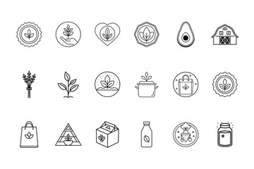 Organic vegan food farming icons bundle line art vector