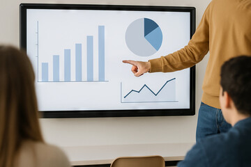 Student presenting data charts on large screen in classroom setting. concept of education, data analysis, presentation skills