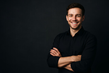 Smiling confident man posing with arms crossed against dark background. concept of self-assurance, positive expression, portrait photography, copy space