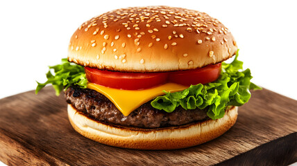 A hamburger with cheese and tomato on a wooden board. The burger is large and has a lot of toppings