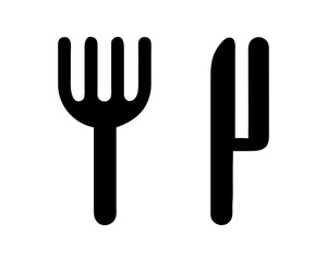 Simple vector icon of a fork and knife, representing dining, food, and meals