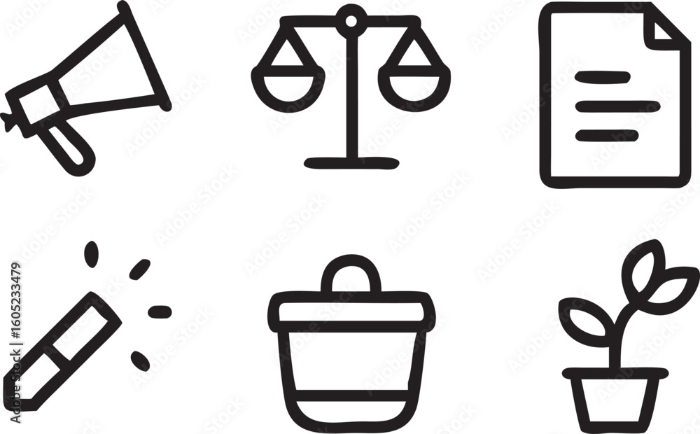 Poster six minimalist line icons representing music instruments symbol line art