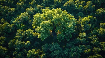 Lush green forest canopy with a central, prominent tree