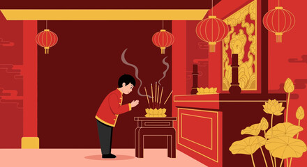 Young Man Praying With Incense Sticks For Good Luck And Fortune Wishes