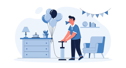 Young Man Preparing Birthday Decoration with Pump and Balloons Indoors