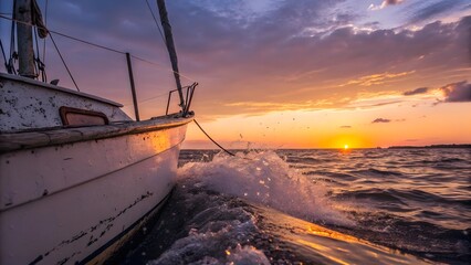 Sunset view over calm sea or river with boats and colorful sky reflection