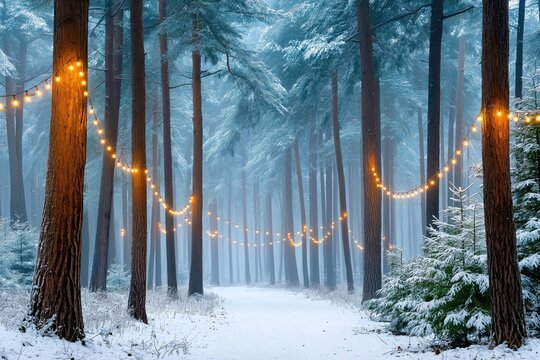 Christmas lights illuminating snowy path through misty winter forest