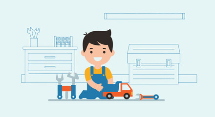 Young Mechanic Engaged With His Instruments And Tools Cartoon Illustration