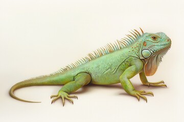Emerald scale study green iguana portrait showcases detailed reptilian skin texture against white background