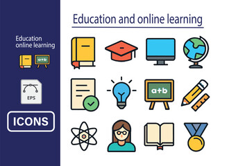 Education and online learning icons, flat colorful style, vector pack for e-learning and school materials